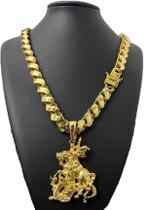 Cordão Friso S 12mm Fecho São Jorge + Pingente São jorge - Banhado a ouro