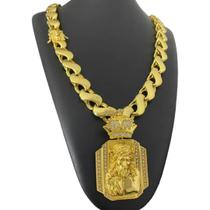 Cordão Friso s 16mm + Pingente Jesus - Banhado Ouro 18k