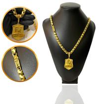 Cordão Friso S 8mm + Pingente Leão de Judá e Jesus Cravejado