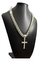 Cordão Friso Triplo 12mm Ping Crucifixo Banhado Prata 925