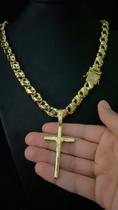 Cordão friso x 12mm + pingente cruz fio - banhado a ouro 18k Cordão friso x 12mm + pingente cruz fio - banhado a ouro 18k