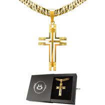 Cordão grosso banhado ouro + caixa + pingente cruz grande casual dourado corrente grumet social presente moda masculina Cordão grosso banhado ouro + caixa + pingente cruz grande casual dourado corrente grumet social presente moda masculina