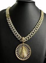 Cordão grumet 13mm cravejado banhado + pingente nossa sra