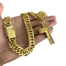 Cordão Grumet 15Mm + Pingente Cruz Rosto - Banhado A Ouro