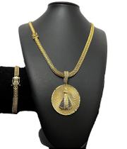 Cordão Lacraia 8mm + Pulseira + Ping - Banhado a ouro 18k