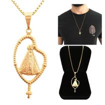 Cordão Masculino 60 cm Pingente Terço Rosário Nossa Senhora Aparecida Semijoia Folheada a Ouro 18k Cordão Masculino 60 cm Pingente Terço Rosário Nossa Senhora Aparecida Semijoia Folheada a Ouro 18k