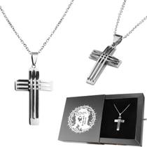 cordao masculino aco inox prata + pingente crucifixo + caixa religioso qualidade premium grumet jesus inoxidavel cruz fé