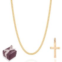 Cordão Masculino Banhado A Ouro 18k Com Pingente Cruz Banhado Elo Grumet Lixado Tam 60cm