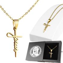 cordão masculino banhado ouro católico inox grumet fé jesus qualidade premium religioso casual fino prata cruz presente