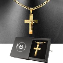 cordão masculino dourado grumet + pingente cruz pai nosso presente 18k qualidade premium social 60cm casual cordão masculino dourado grumet + pingente cruz pai nosso presente 18k qualidade premium social 60cm casual