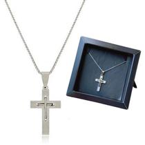 Cordão Masculino Presente Aço Inox Pingente Cruz Pai Nosso