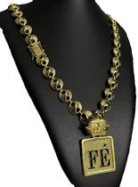 Cordão oriental 13mm + pingente fé coroa - banhado a ouro