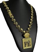 Cordão oriental 13mm + pingente fé coroa - banhado a ouro