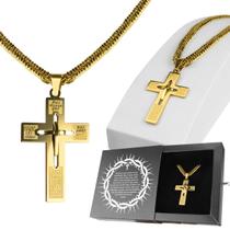 cordao ouro banhado + pingente crucifixo dourado + caixa dourado pai nosso católico fé religioso grosso casual hip hop