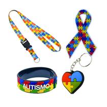 Cordão para Autista - Kit Autismo 04 Peças - Cordão Estampa Quebra Cabeça + Pulseira + Chaveiro + Ad