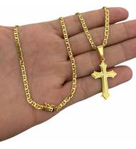 Cordão Piastrine 3mm + Pingente Cruz - Banhado A Ouro 18k