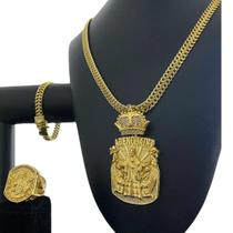 Cordão + Pingente + Pulseira + Anel 10mm - Banhado a Ouro