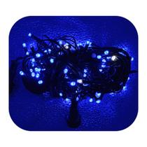 Cordão Pisca 100 Led Prova Dágua 80 Fixo e 20 Strobo Azul Fio Verde 10m Decor Natal 220V