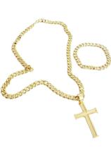 Cordão Pit Bull 10Mm Pulseira Pingente Cruz Banhados A Ouro