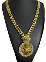 Cordão Pit Bull 12mm + Pingente Jesus - Banhando a Ouro 18k