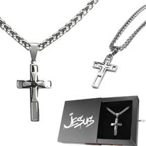 cordão prata aço inoxidável + caixa + pingente crucifixo qualidade premium presente religioso inox