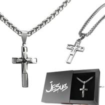 cordão prata aço inoxidável + pingente crucifixo inox católico prata fé casual jesus qualidade premium religioso cruz