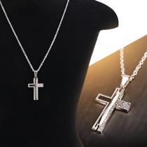Cordão prata pai nosso + pingente crucifixo + saquinho ajustavel original presente social casual