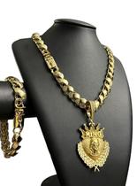 Cordão pulseira Friso S 13mm Ping Jesus King Banhado a ouro