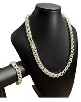 Cordão + Pulseira Friso Triplo 12mm Banhado Prata 925