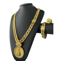 Cordão + Pulseira Grumet 15mm Fecho Nossa Senhora + Pingente + Anel - Banhado Ouro 18k