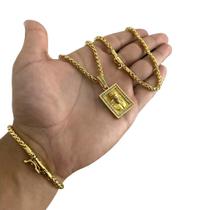 Cordão + Pulseira Peruano 4Mm Pingente Jesus Banhado A Ouro Cordão + Pulseira Peruano 4Mm Pingente Jesus Banhado A Ouro