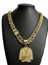 Cordão Romana 15Mm + Pingente Faixa Preta - Banhado A Ouro