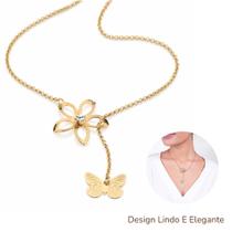 Cordão Rommanel Elo Português Gravata Flor E Borboleta Banhado Ouro 18k 5311625