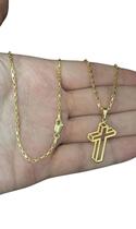Cordão Tijolinho 1mm + Pingente Cruz 3D - Banhado A Ouro