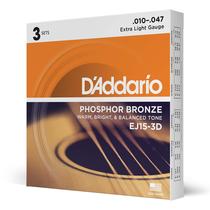 Cordas de guitarra D'Addario Phosphor Bronze EJ15-3D 10-47, pacote com 3