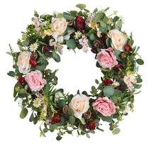 Coroa de flores WANNA-CUL 61 cm rosa floral com eucalipto Coroa de flores WANNA-CUL 61 cm rosa floral com eucalipto