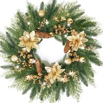 Coroa de Natal Kmise 60 cm com luzes, flores douradas e folhas de bagas