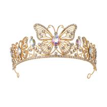 Coroa de noiva dourada com borboletas de cristal e strass AB