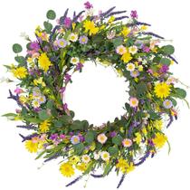Coroa de primavera J'FLORU Artificial Daisy Lavender 56cm com flores silvestres Coroa de primavera J'FLORU Artificial Daisy Lavender 56cm com flores silvestres