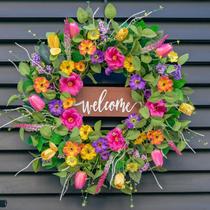 Coroa de primavera Pinkpuii Summer Tulip Floral 60 cm com flores silvestres Coroa de primavera Pinkpuii Summer Tulip Floral 60 cm com flores silvestres