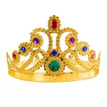 Coroa Rainha Princesa Dourada Pedraria Colorida Ajustável