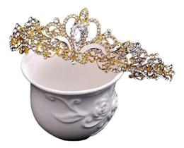 Coroa Tiara Arranjo Cabelo Noiva Strass Dourada Debutante - Decastro