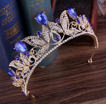 Coroa, Tiara Azul Royal com Dourado, Para Noivas, Debutantes, Casamento, Miss, Porta Coque