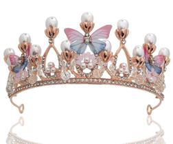 Coroa tiara com borboletas e perolas dourada, rosa e azul
