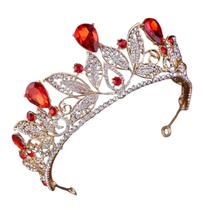 Coroa Vermelha Para Noivas, Debutantes, Casamento. Metal Dourado, Strass Prata E Azul. Porta Coque, Tiara, Arranjo. Cód. T37