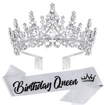 Coroas de tiara VELSCRUN Silver Crystal Birthday Queen para mulheres e meninas, faixa de cabeça de rainha de aniversário, faixa elegante, coroa de princesa com pentes, acessórios de cabelo, decorações de festa de feliz aniversário, mãe
