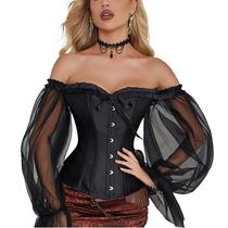 Corpete Corset Corselet Cinta Modela Cintura Valoriza o Busto Manga Tule Preto M694