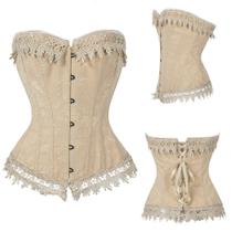 Corpete Corset Corselet Redutor Modelador Cintura Renda Floral Creme M173