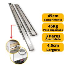 Corrediça Telescópica P/ Gaveta Reforçada 45cm 3 Pares 45 Kg