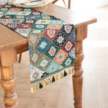 Corredor de mesa geométrico vintage de poliéster 180x33cm com borlas
